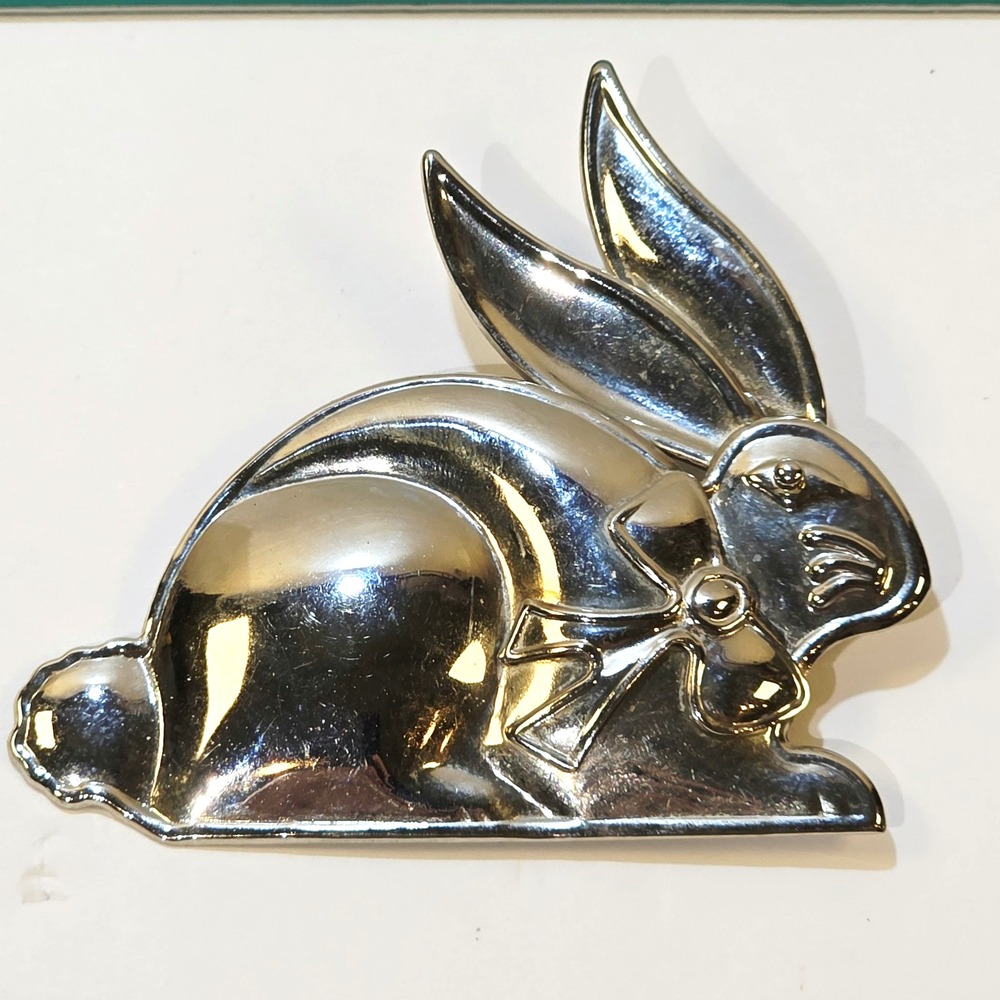 Vintage Large Rustic Silver Tone Metal Bunny Rabbit Brooch Pin Pendant Spring